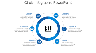 Circular business infographic with six blue nodes surrounding a central graph icon, connected by a segmented blue ring.
