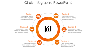 Template featuring an orange circular diagram with six icons representing business concepts arranged around a chart symbol.