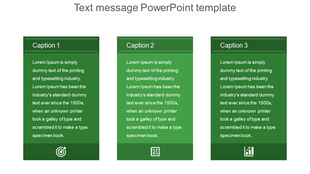 Text message-themed slide with three green boxes, each labeled, containing placeholder text areas and bottom icons.