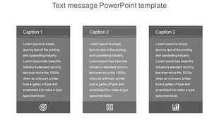 Template with three gray text blocks, each labeled with captions and icons, under a bold title.