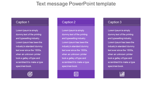 Text message PowerPoint template featuring three purple text boxes with different captions and icons.