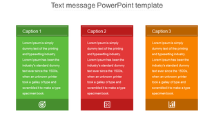 Text message style PowerPoint template with three colorful blocks and icons for goals, settings, and analytics.