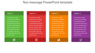 Slide design with colorful vertical panels for text, captions, and icons in green, red, orange, and purple.