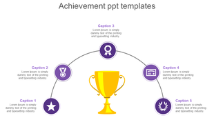 Achievement-themed slide featuring a central golden trophy with icons of medals and awards in a circular layout.