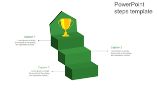 Modern staircase themed infographic with three steps in green, each linked to captions, leading to a golden trophy.
