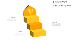 Four level yellow step diagram featuring a trophy at the top, with captions and directional arrows pointing to each step.