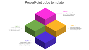Multicolored cube infographic with four blocks extending from a central point, each connected to a caption by a thin line.