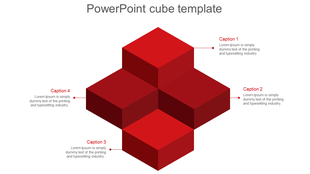 Four 3D red cubes arranged in a cross pattern, each linked to a caption with small circular connectors.