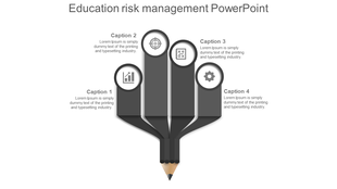Education risk management diagram slide with four dark sections shaped like a pencil, each with an icon and caption.