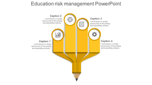 Four curved yellow segments extending from a pencil base, each showcasing an icon and caption around it.