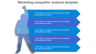 Marketing competitor analysis PPT template featuring five blue arrows with captions and a silhouette figure.