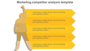 Infographic with five stacked yellow arrows containing text, alongside a human silhouette raising a triumphant hand.