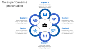 Sales performance presentation with six blue circles, each containing an icon and caption.