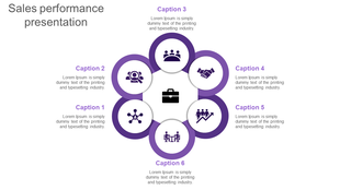 Sales performance template displaying six icons in a purple-themed ring around a icon, each paired with captions areas.