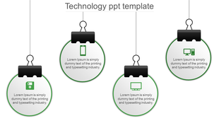 Technology themed diagram with four suspended circles, each containing a green icon and text, attached by black clips.