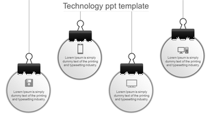 Tech infographic with four round hanging labels, each displaying an icon and text in gray and white.