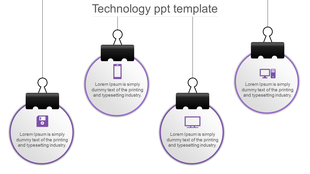 Four clipped circular elements hanging from thin lines, featuring purple technology icons and placeholder text.
