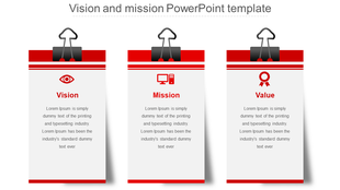 Three hanging sheets with red accents, black clips, and icons for Vision, Mission, and Value, with placeholder text.