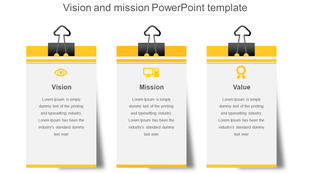 Vision and mission slide with three yellow clipboard style cards, each with icons and captions, on a white background.