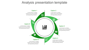 Analysis template with a circular diagram, six green arrows pointing outward, and a bar chart icon in the center.