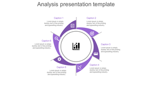 Circular analysis diagram featuring six purple sections with icons like a target and gear, arranged around a black bar chart.