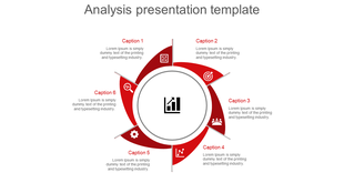 Red circular analysis infographic with six labeled segments, and descriptions around a central data icon.