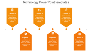 An orange themed technology PowerPoint slide featuring six sections with icons like a calculator, USB, cloud, and processor.