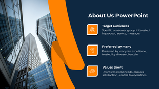 About us template with city skyscraper imagery and three orange boxes highlighted in a dark background.