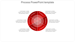 Red segmented wheel infographic displaying six labeled processes in a circular flow with a central hub.