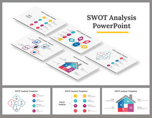 Slide deck with multiple SWOT analysis templates featuring colorful designs and visually distinct elements.