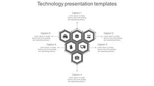 Technology PowerPoint template with six grey hexagonal sections, each featuring an icon and caption.