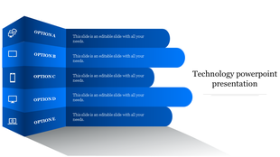 3D blue sidebar with five stacked options extending into rounded bars, forming a structured technology layout.