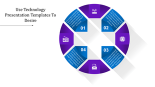 Circular infographic with four segments in purple and blue, labeled 01 to 04, showcasing technology icons and descriptions.