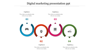 A vibrant digital marketing PowerPoint template featuring four colorful circular icons and captions.