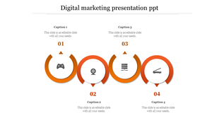 Digital marketing slide with four orange semi circle elements, each containing a technology related icon and description.