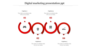 Digital marketing timeline with four red semi circle indicators connected in sequence, each containing an icon and a caption.