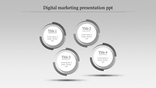 Grayscale slide with four circular elements and segmented borders, with text placeholders on a gradient background.