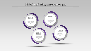 Digital marketing PowerPoint template featuring four purple circular sections, each with a title and description.