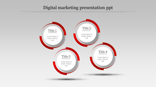 Marketing slide with four red circular shapes, dark segmented outlines, and shadows for a floating effect.
