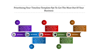 Horizontal timeline template with five options, labeled A to E, featuring colorful icons and brief descriptive text.