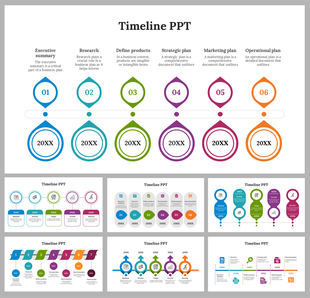 Timeline slides featuring six stages with icons, each with a key step and colorful different layout designs.
