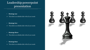 Leadership concept with a large black king chess piece in front of four black pawn pieces and placeholder strategies.