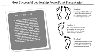 Leadership slide with a gray text box on the left and three black footprint icons with headings on the right.