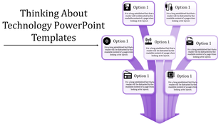 Technology diagram with six white text boxes branching from a purple central hub, showing icons like disk, chip, and printer.