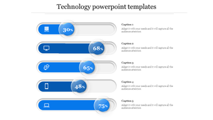 Modern tech infographic with five glossy progress bars featuring icons, percentage indicators, and aligned text placeholders.