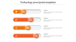 Technology PowerPoint template with four orange progress bars showing different percentages and corresponding icons.