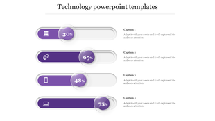 Technology-themed layout showing four progress indicators in purple with captions and related icons beside each.
