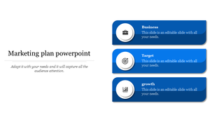 Marketing plan slide featuring three blue text boxes with circular icons, and a left aligned title with text.