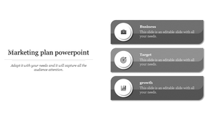 Dark themed marketing plan slide with three gray panels, each highlighting a key concept with an icon and text.