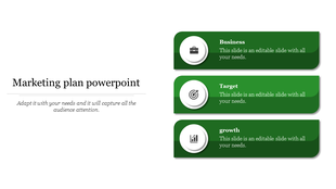 Marketing plan PowerPoint template with three green text boxes, each featuring a title, icon, and description.